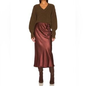 Rails Mischa Satin Midi Skirt Raisin Brown Ruched Side Size Large